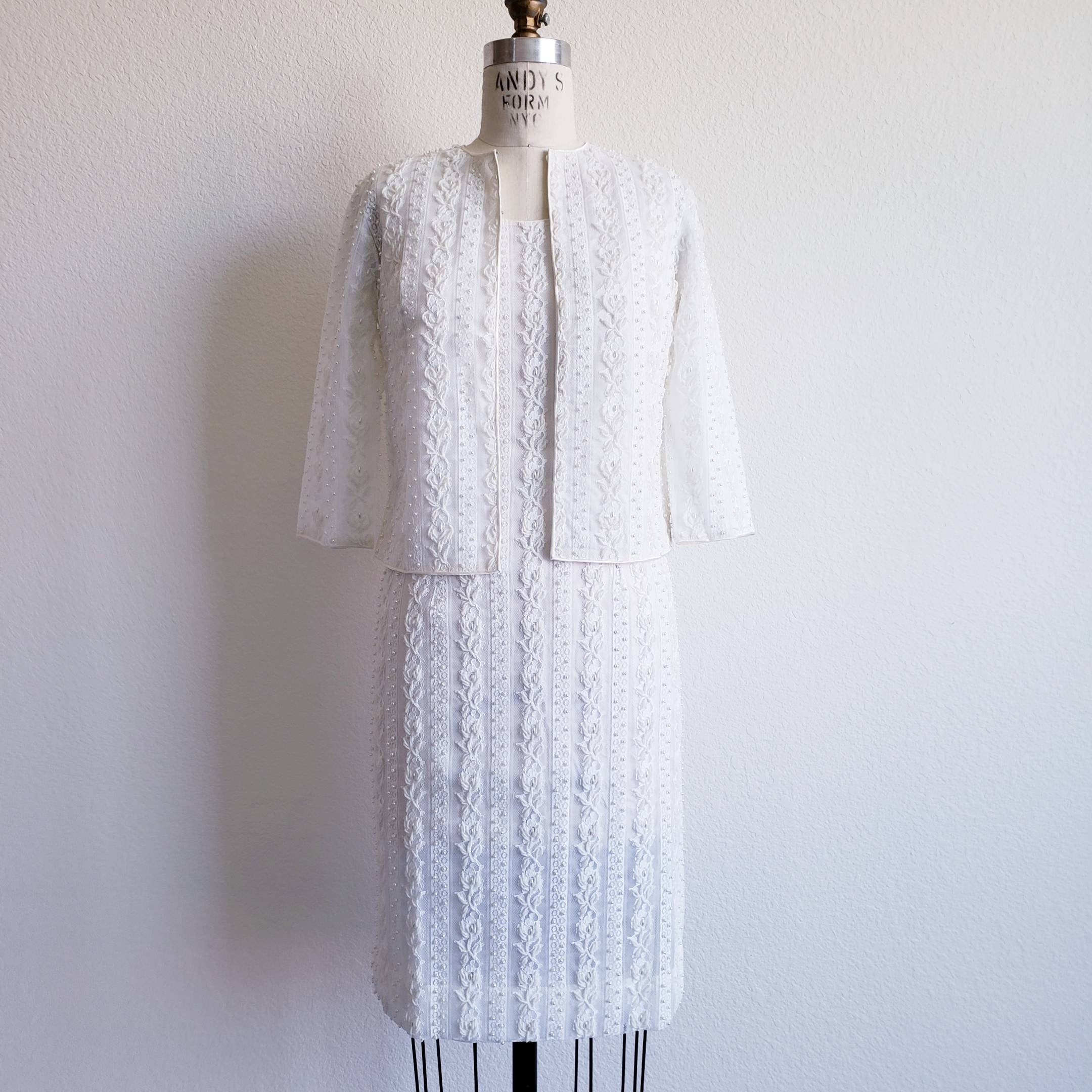 Vintage 60s Charles and Co White Beaded Lace Two Piece Dress   ChicCityVintage