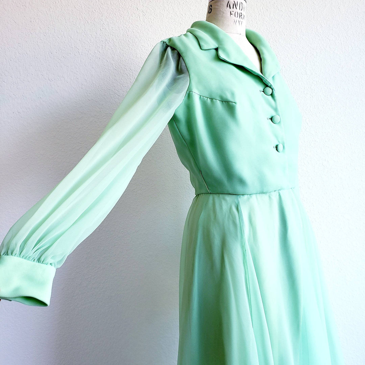 Vintage 70s Lime Green Chiffon Miss Elliette Maxi Dress  ChicCityVintage
