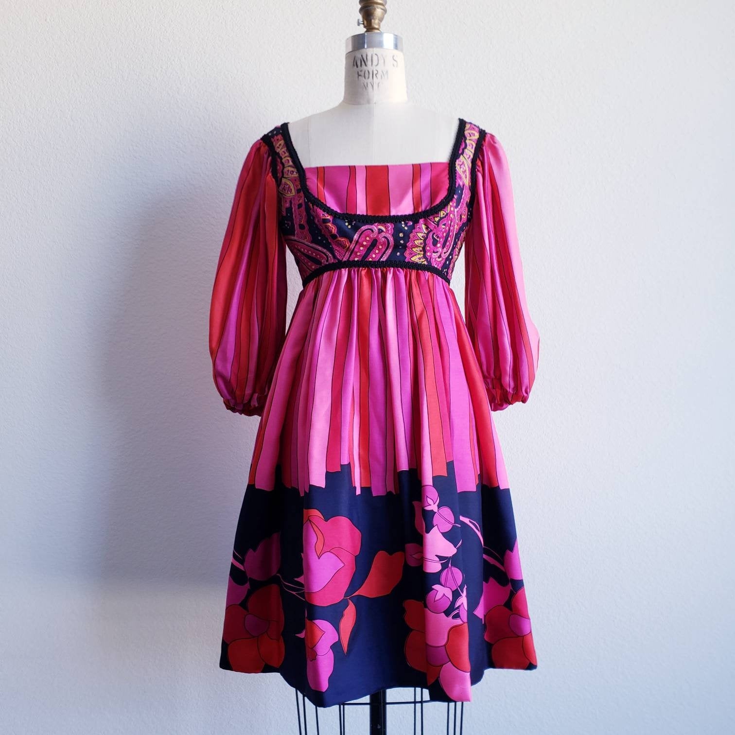 Vintage 70s Empire Waist Mixed Pattern Pink Red Dress ChicCityVintage Vintage 70s Empire Waist Mixed Pattern Pink Red Dress ChicCityVintage