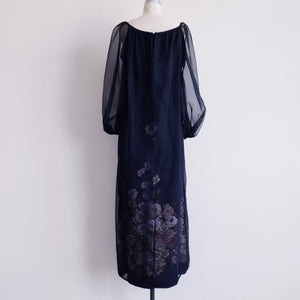 Vintage 70s Black Sheer Chiffon Floral Maxi Dress - ChicCityVintage