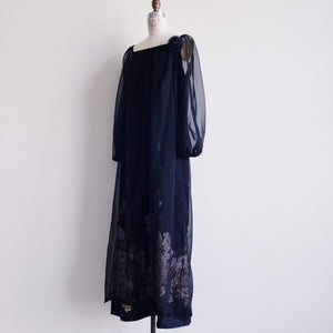Vintage 70s Black Sheer Chiffon Floral Maxi Dress - ChicCityVintage