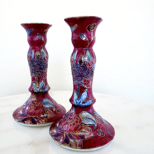 Vintage Pair Of Maroon Asian Ceramic Candlestick Holders - ChicCityVintage