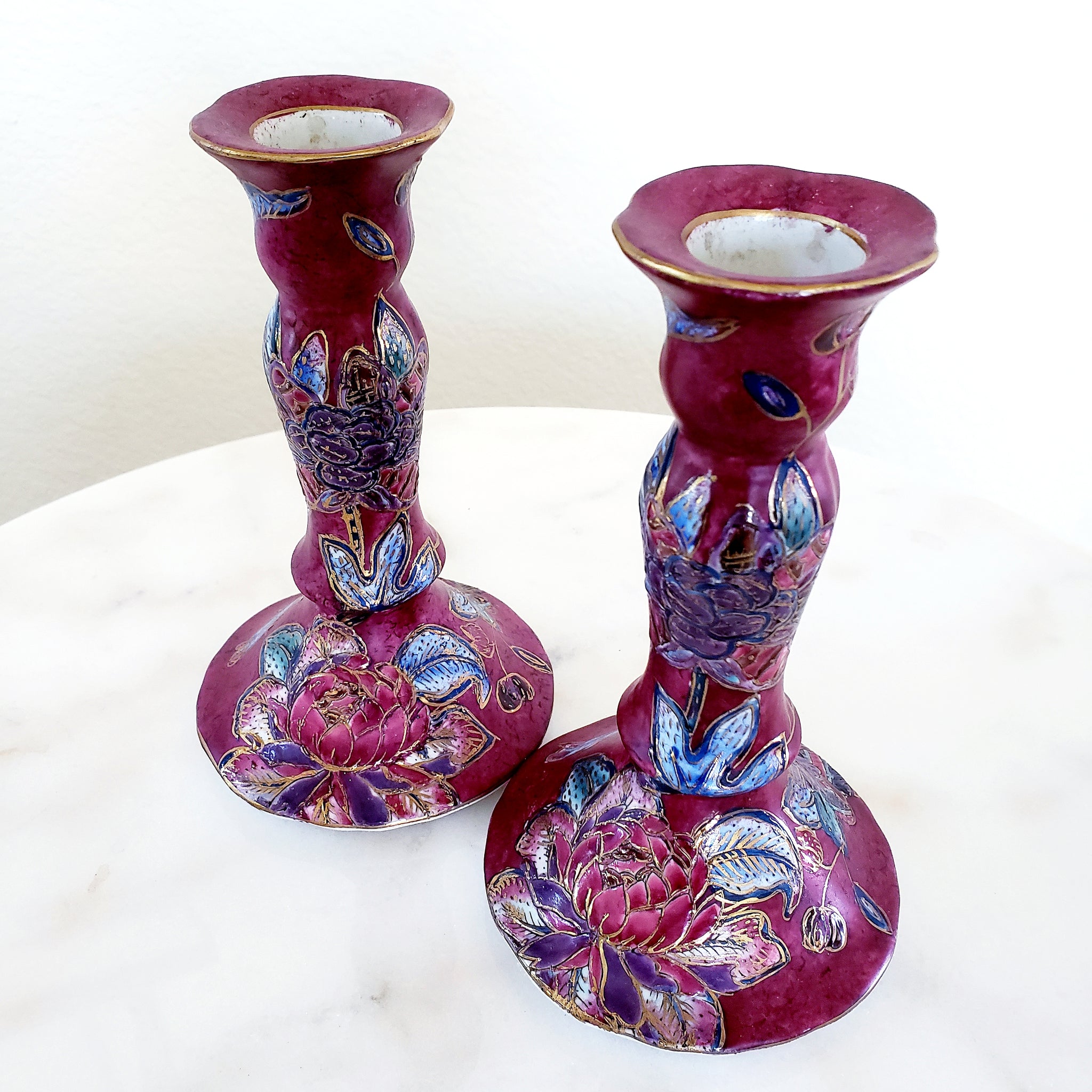 Vintage Pair Of Maroon Asian Ceramic Candlestick Holders - ChicCityVintage