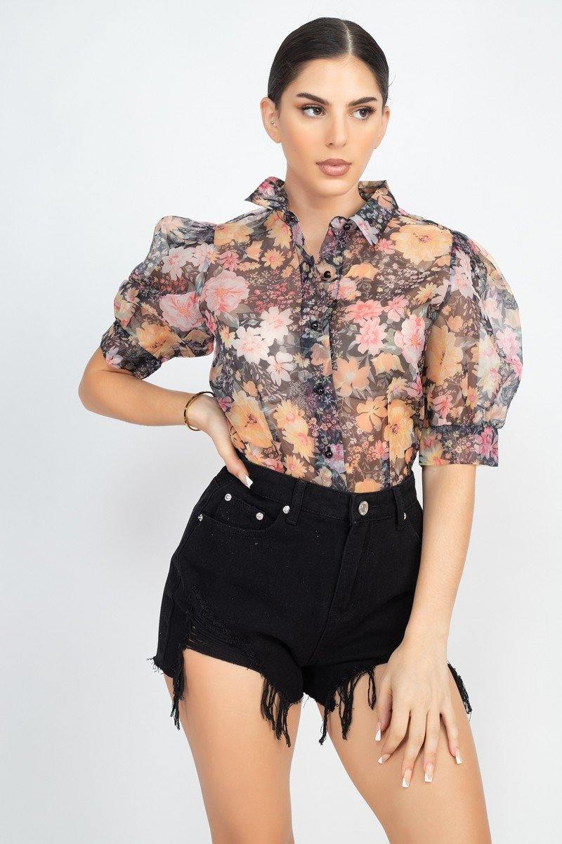 Flower Bomb Organza Puff Sleeve Blouse - ChicCityVintage