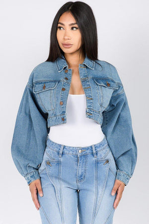 Puffed Out Balloon Sleeve Denim Jacket Plus - ChicCityVintage