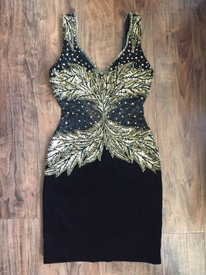 Vintage 80s/90s Black and Gold Bead And Sequin Velvet Cocktail Dress with Illusion Panels - ChicCityVintage