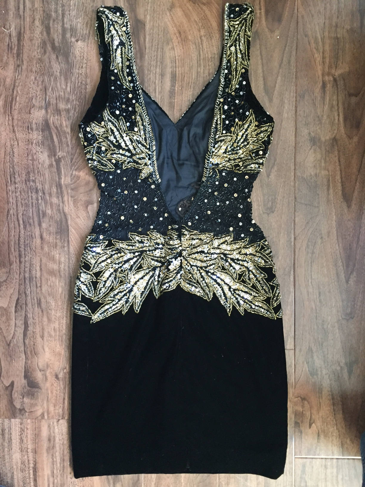 Vintage 80s/90s Black and Gold Bead And Sequin Velvet Cocktail Dress with Illusion Panels - ChicCityVintage
