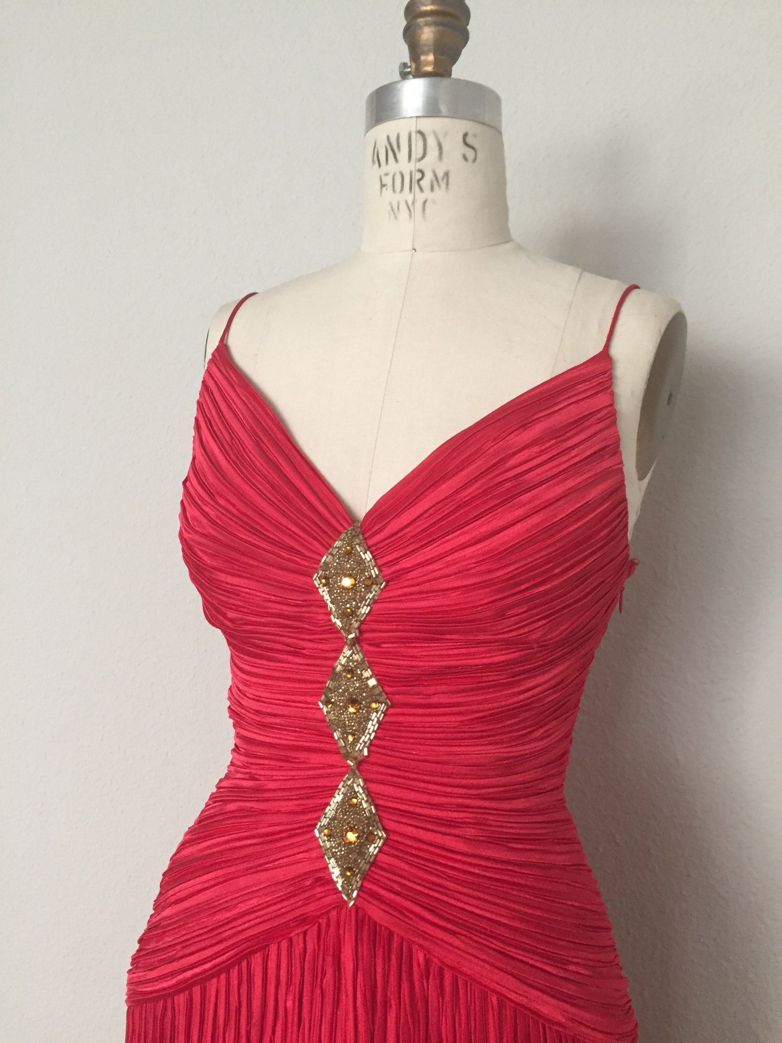 Vintage 80s Red Pleated Dress by George F Couture - ChicCityVintage