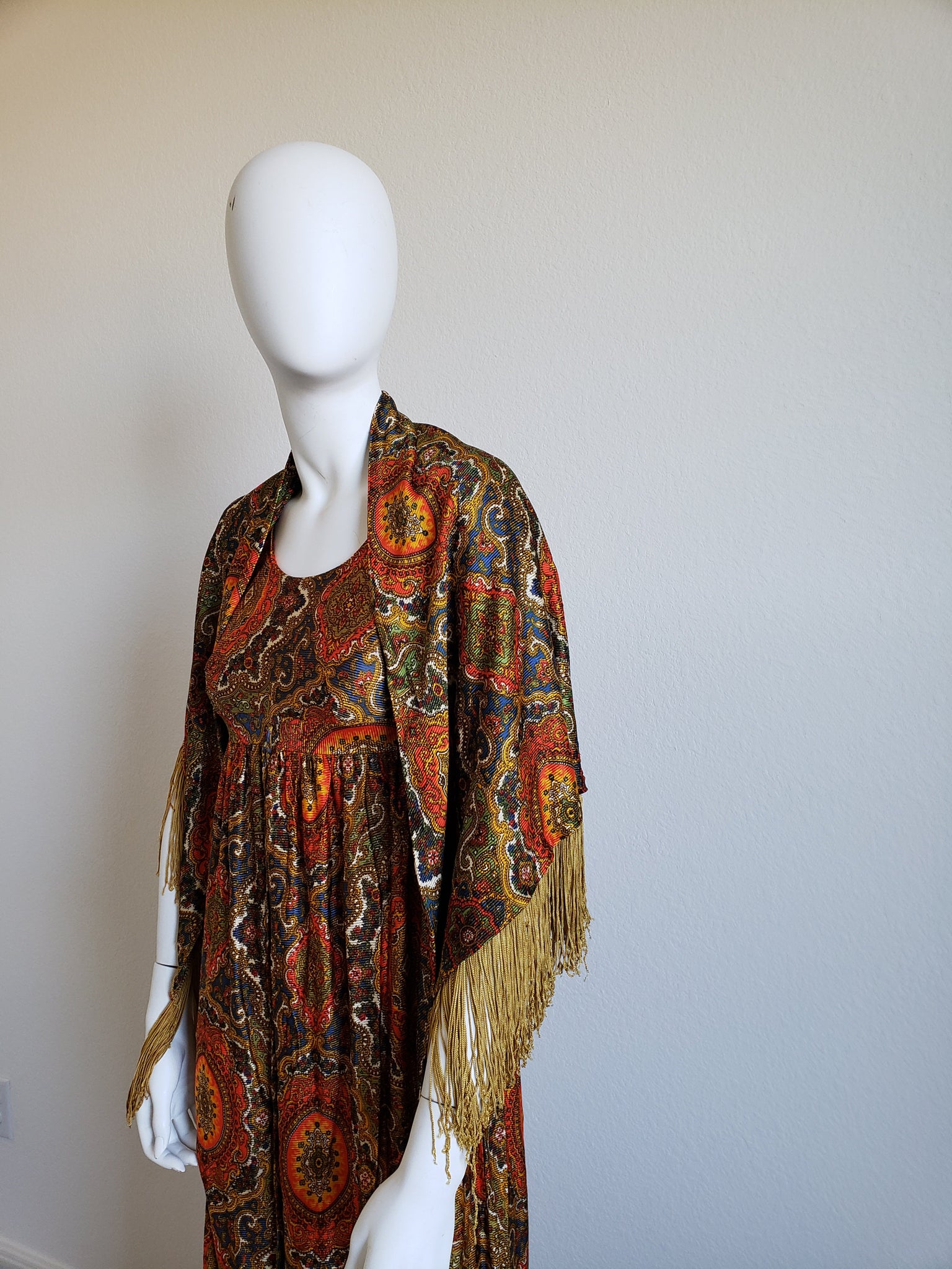 Vintage 70s Paisley Jumpsuit with Fringed Shawl - ChicCityVintage