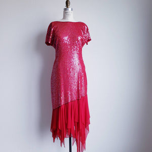 Vintage Red Sequin Dress with Handkerchief Hem - ChicCityVintage