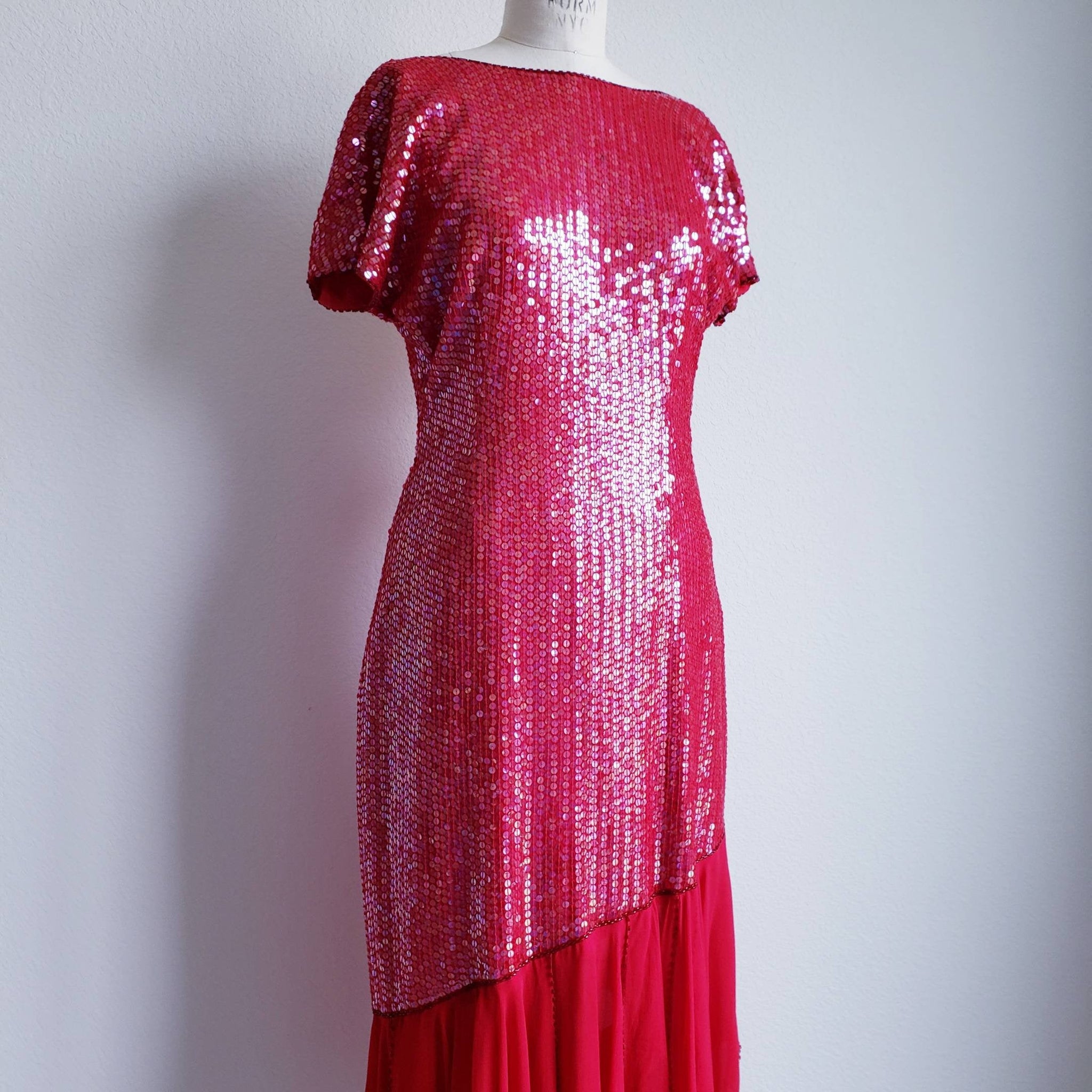Vintage Red Sequin Dress with Handkerchief Hem - ChicCityVintage