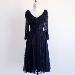 Vintage 70s Miss Ashlee Black Dotted Net Dress - ChicCityVintage