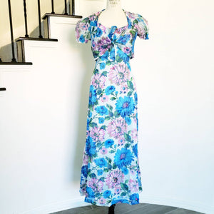 Vintage 70s Burnout Velvet Floral Chiffon Dress - ChicCityVintage