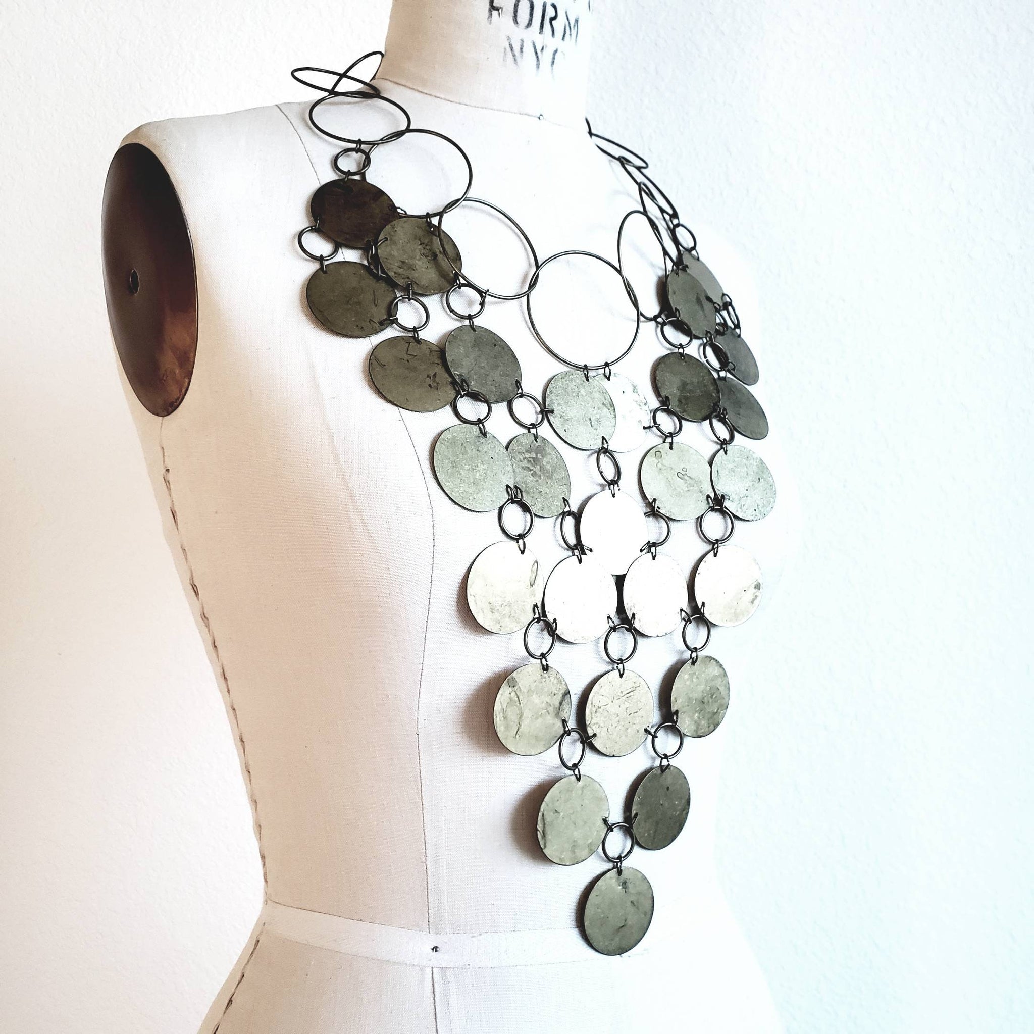 Vintage Metal Disc Bib Statement Necklace and Earring Set - ChicCityVintage
