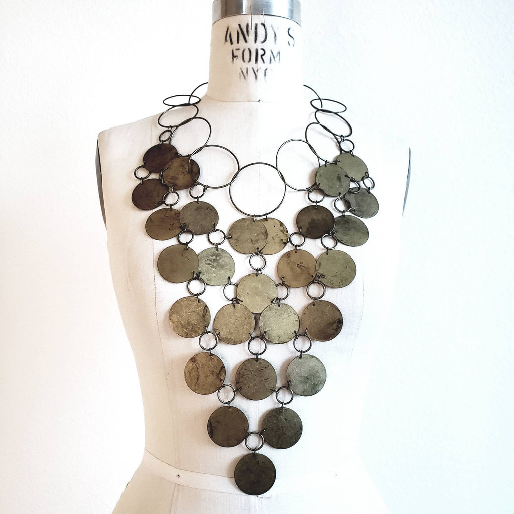 Vintage Metal Disc Bib Statement Necklace and Earring Set - ChicCityVintage