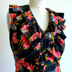 Vintage 70s Black Floral Halter Ruffle Maxi - ChicCityVintage