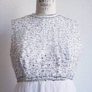 Vintage 60s Beaded White Chiffon Mod Dress - ChicCityVintage