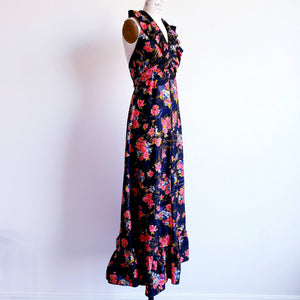 Vintage 70s Black Floral Halter Ruffle Maxi - ChicCityVintage