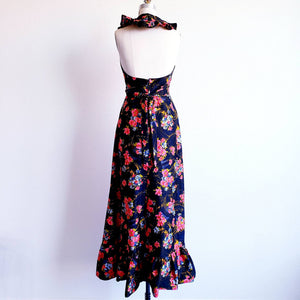 Vintage 70s Black Floral Halter Ruffle Maxi - ChicCityVintage