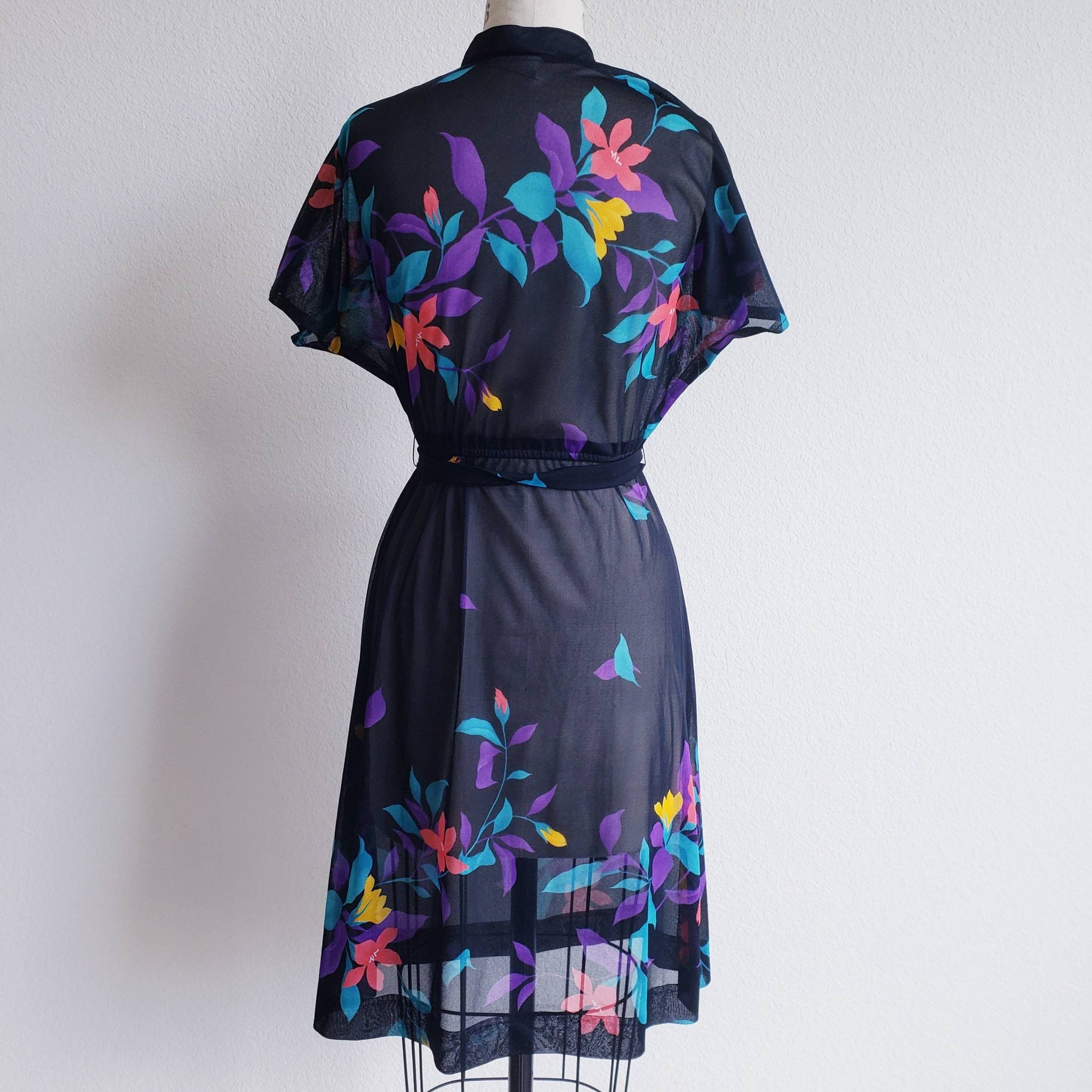 Vintage 80s Black Sheer Floral Dress - ChicCityVintage
