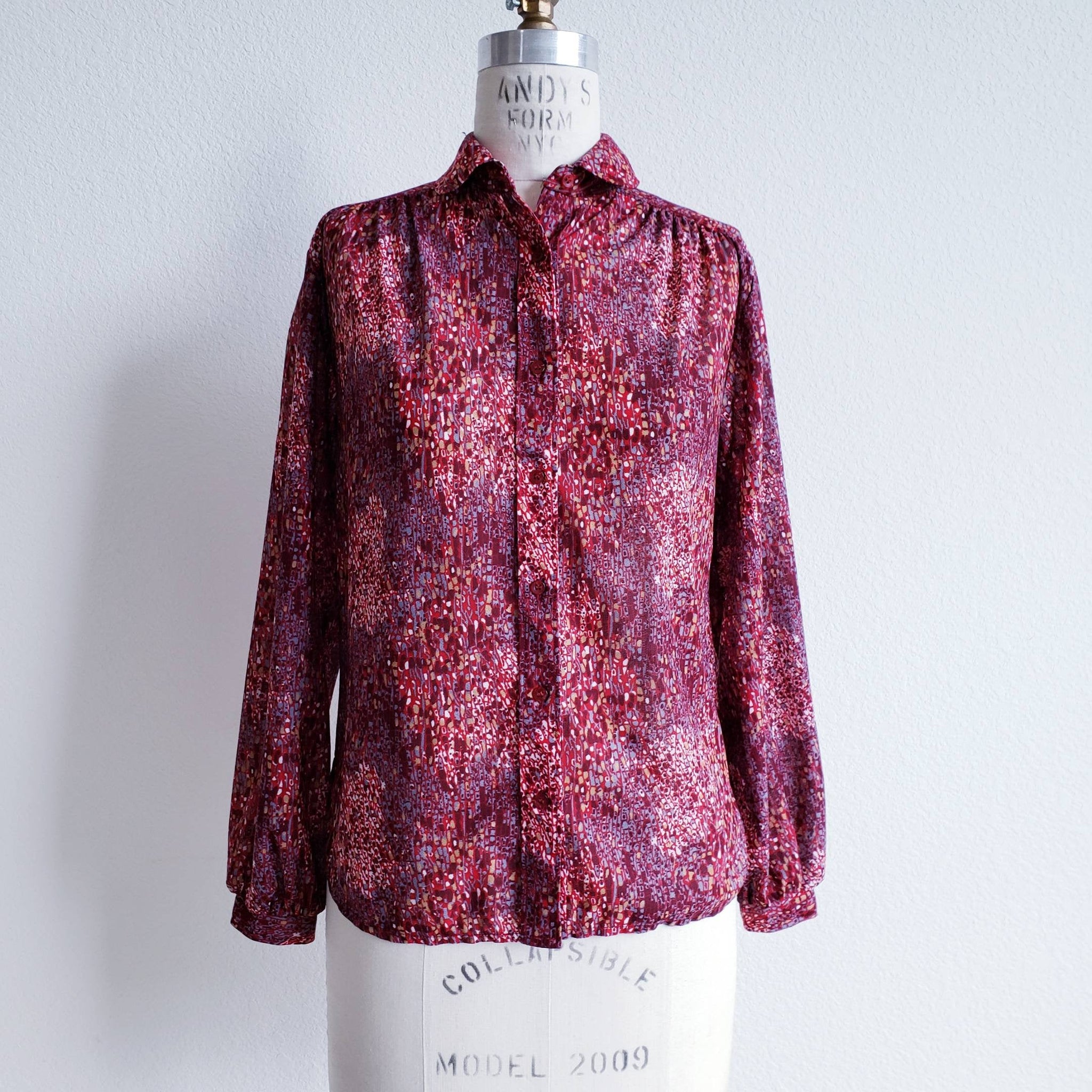 Vintage 70s/80s Maroon Abrstract Print Polyester Knits For Joyce Blouse - ChicCityVintage