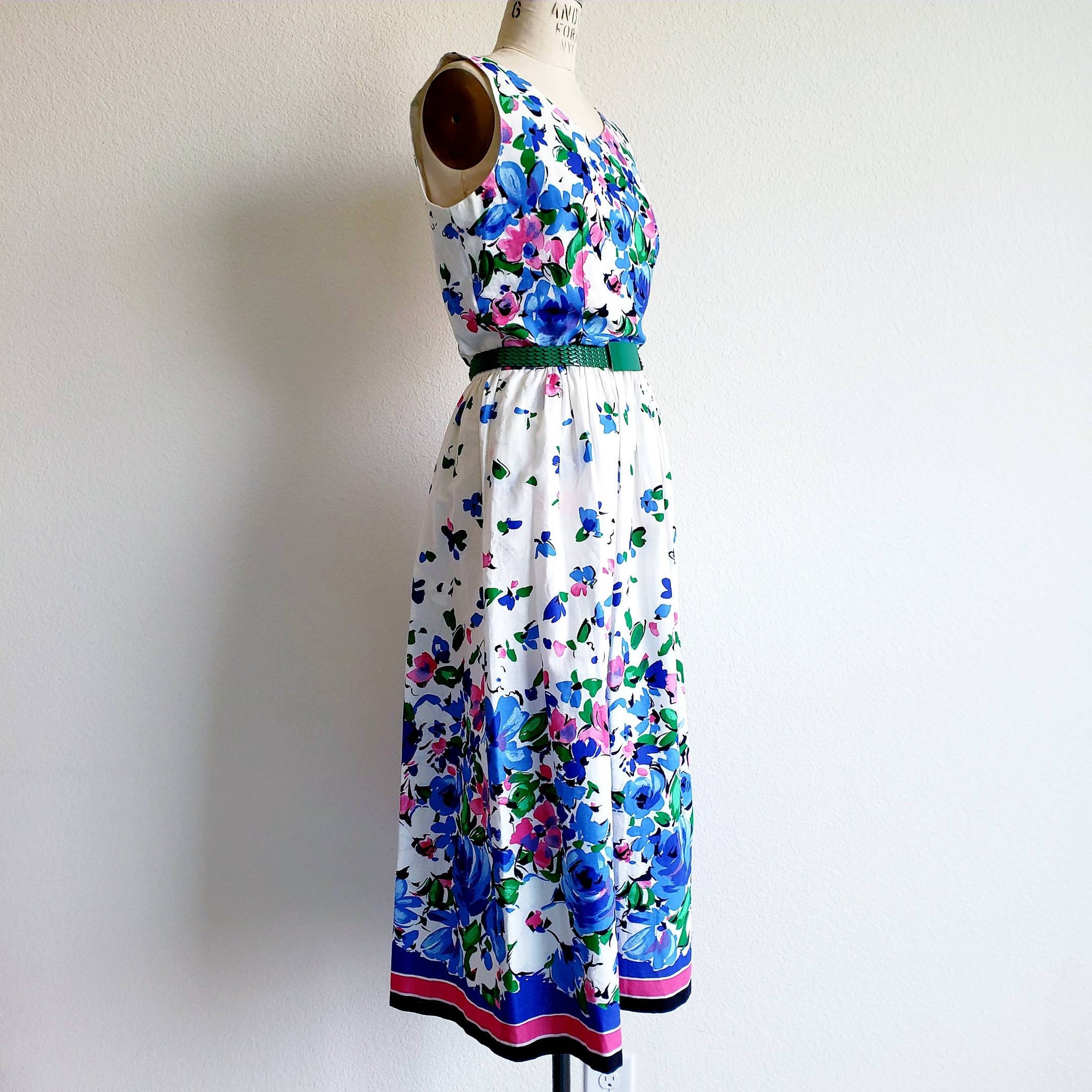 Vintage 70s/80s Accentuette by Lanz Blue Pink Floral Cotton Sundress - ChicCityVintage