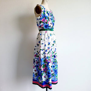Vintage 70s/80s Accentuette by Lanz Blue Pink Floral Cotton Sundress - ChicCityVintage