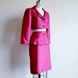 Vintage Upcycled Tahari Pink Fuschia Suit With Cropped Jacket and Peplum Skirt - ChicCityVintage