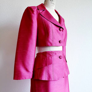 Vintage Upcycled Tahari Pink Fuschia Suit With Cropped Jacket and Peplum Skirt - ChicCityVintage