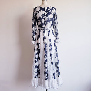 Vintage 70s Blue And White Prairie Maxi Dress - ChicCityVintage