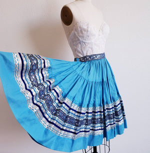 Vintage 50s/60s Turquoise Blue Square Dance Rockabily Western Circle Skirt - ChicCityVintage