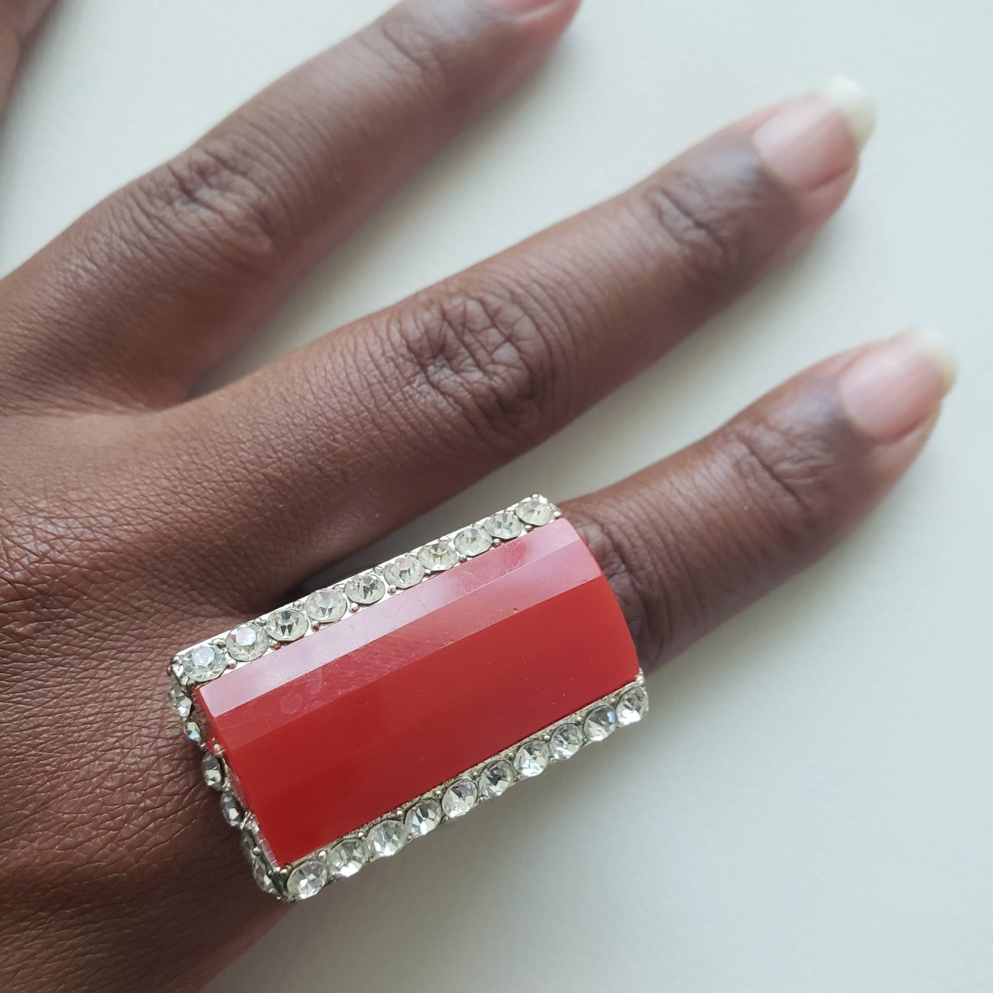 Vintage Red Rectangular Faceted Bead And Rhinestone Statement Ring - ChicCityVintage