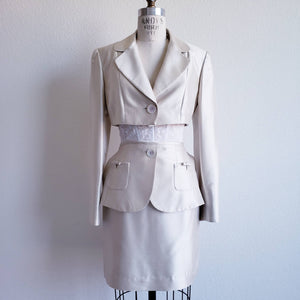 Vintage Upcycled Tahari Champagne Silk Suit With Cropped Jacket and Peplum Skirt - ChicCityVintage