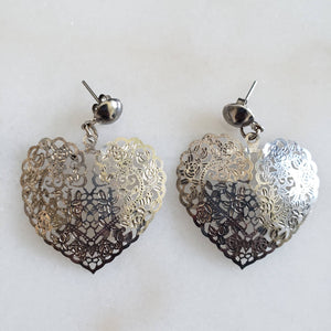 Vintage Silver Tone Filigree Heart Shaped Drop Earrings - ChicCityVintage