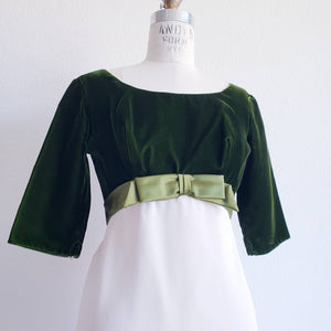 Vintage 60s Green Velvet Off White Maxi Gown Dress - ChicCityVintage