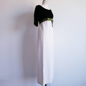 Vintage 60s Green Velvet Off White Maxi Gown Dress - ChicCityVintage