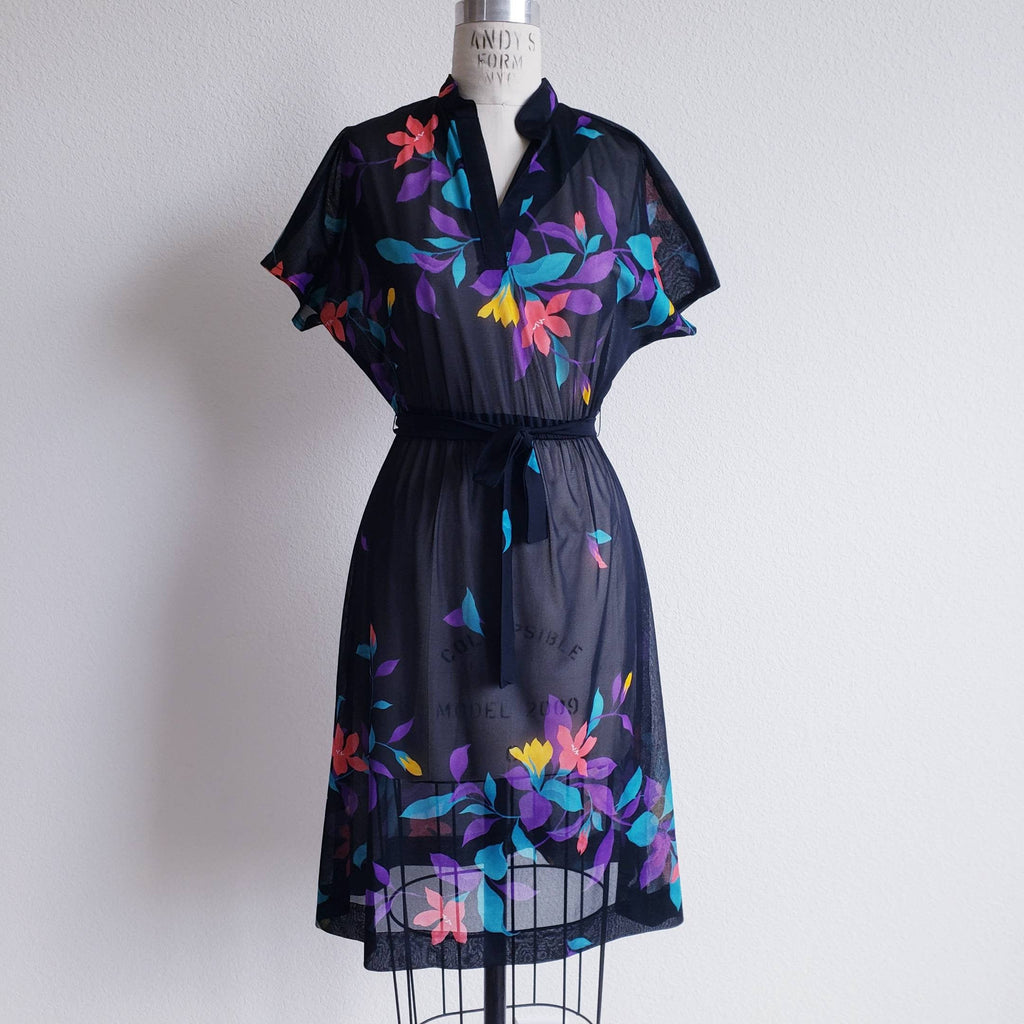 Vintage 80s Black Sheer Floral Dress - ChicCityVintage