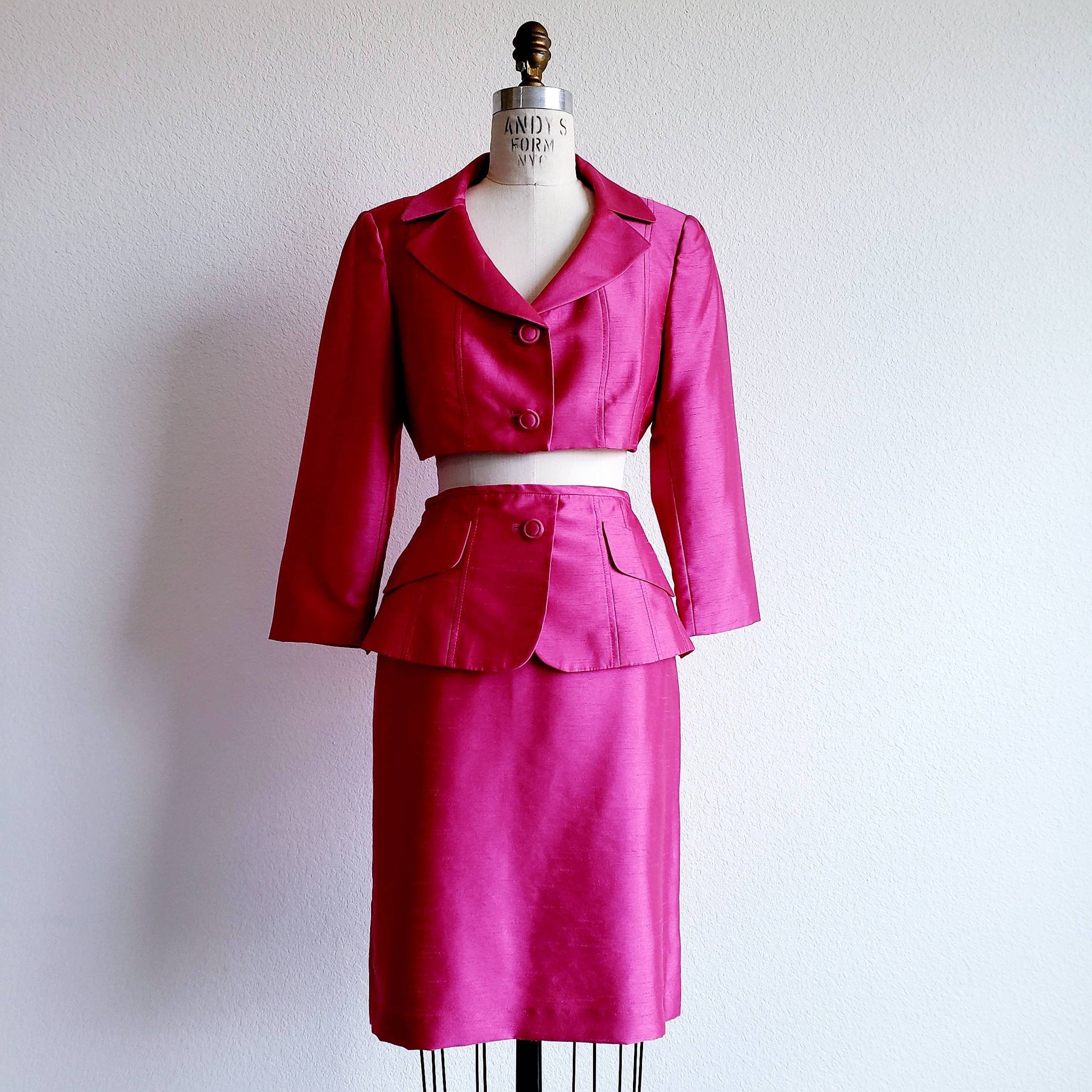 Vintage Upcycled Tahari Pink Fuschia Suit With Cropped Jacket and Peplum Skirt - ChicCityVintage