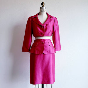 Vintage Upcycled Tahari Pink Fuschia Suit With Cropped Jacket and Peplum Skirt - ChicCityVintage