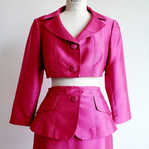 Vintage Upcycled Tahari Pink Fuschia Suit With Cropped Jacket and Peplum Skirt - ChicCityVintage