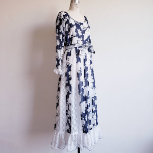 Vintage 70s Blue And White Prairie Maxi Dress - ChicCityVintage