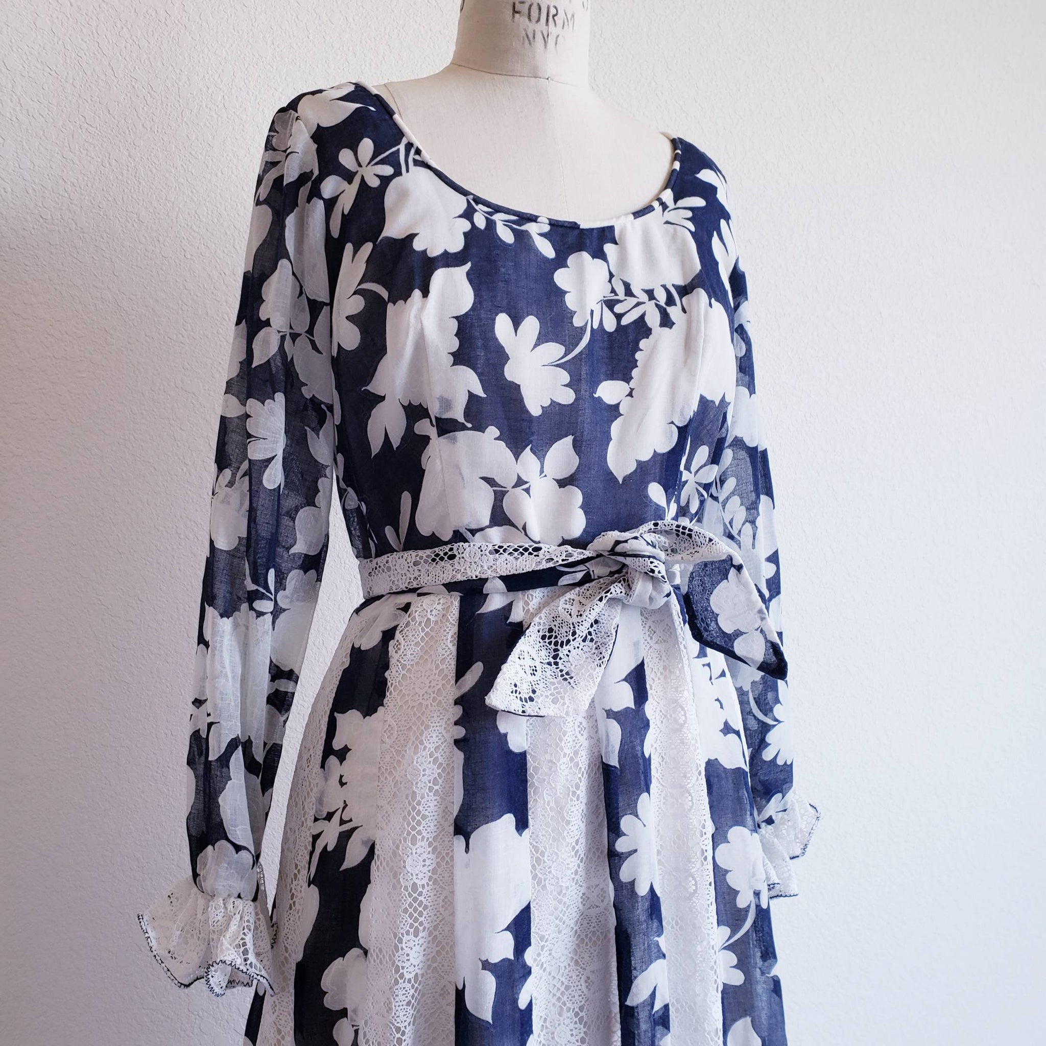 Vintage 70s Blue And White Prairie Maxi Dress - ChicCityVintage
