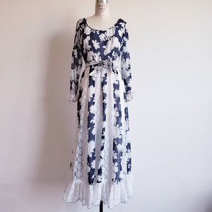 Vintage 70s Blue And White Prairie Maxi Dress - ChicCityVintage