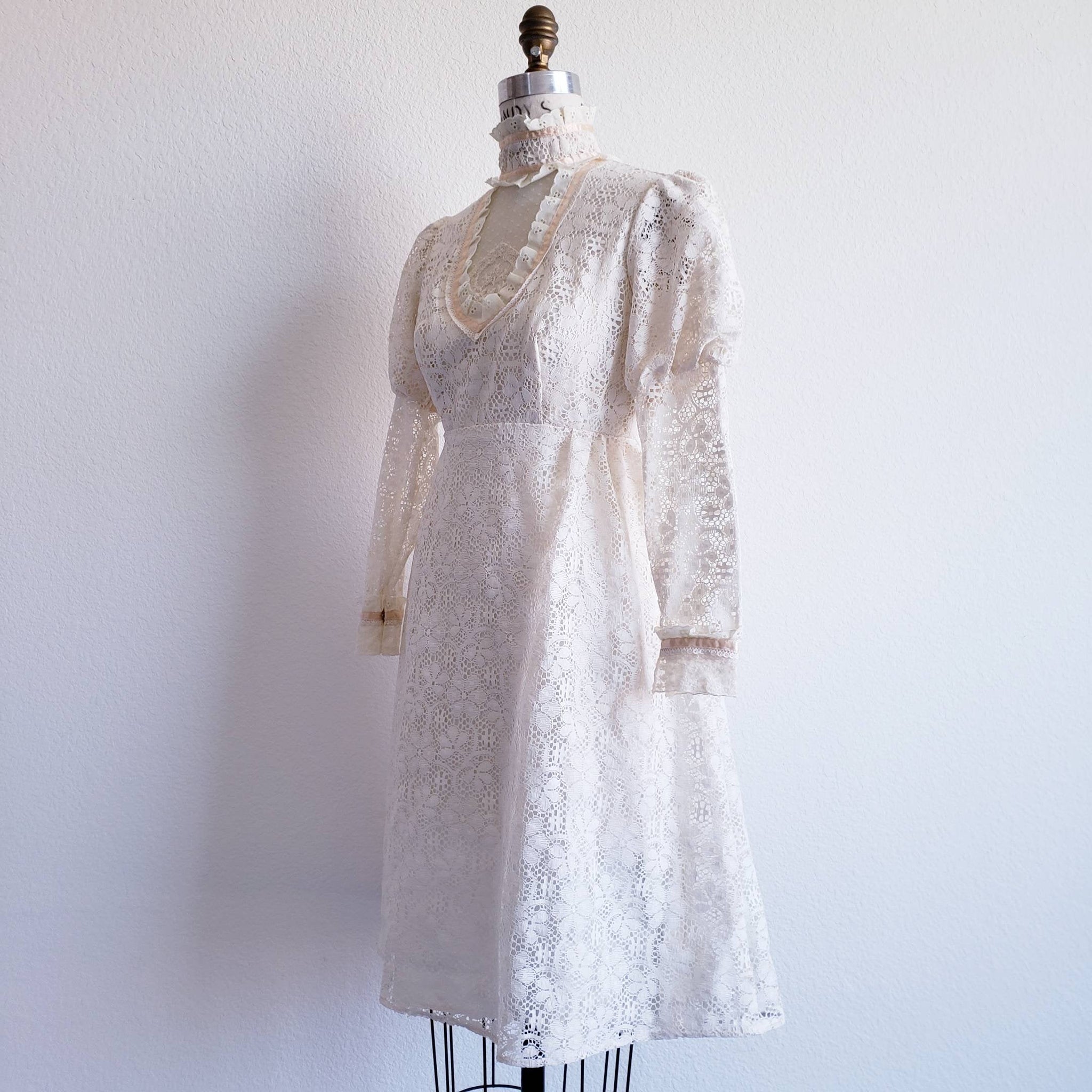 Vintage 70s Cream Lace Midi High Collar Prairie Dress - ChicCityVintage