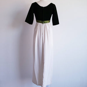 Vintage 60s Green Velvet Off White Maxi Gown Dress - ChicCityVintage