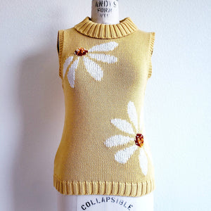 Vintage 70s/80s Richard and Company Beaded Floral Yellow Sleeveless Turtleneck Sweater - ChicCityVintage