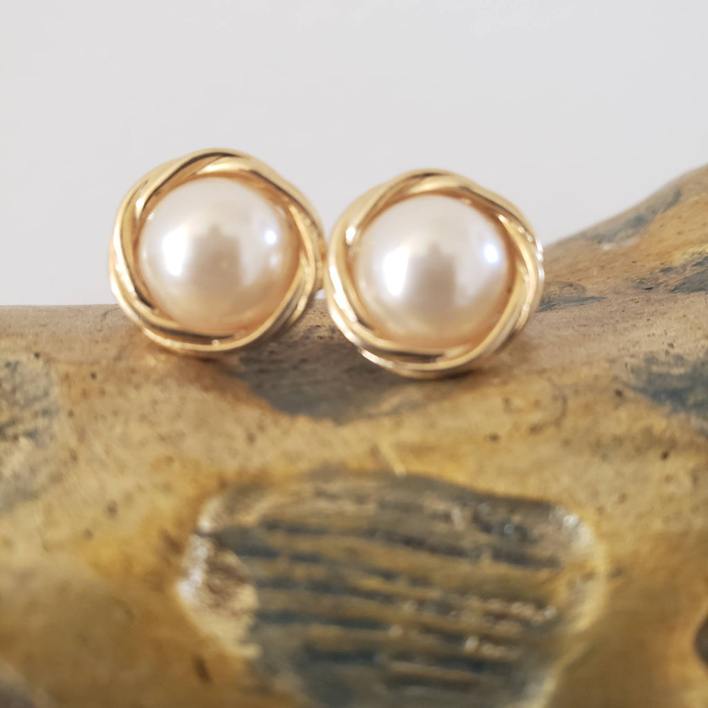 Vintage Gold Wire Wrapped Faux Pearl Stud Clip On Earrings - ChicCityVintage