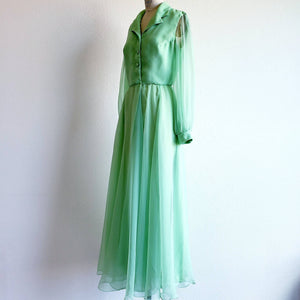 Vintage 70s Lime Green Chiffon Miss Elliette Maxi Dress - ChicCityVintage