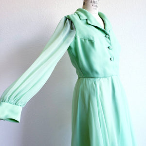 Vintage 70s Lime Green Chiffon Miss Elliette Maxi Dress - ChicCityVintage