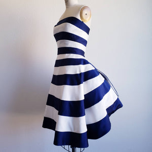 Vintage 80s Blue And White Stripe Victor Costa Party Dress - ChicCityVintage